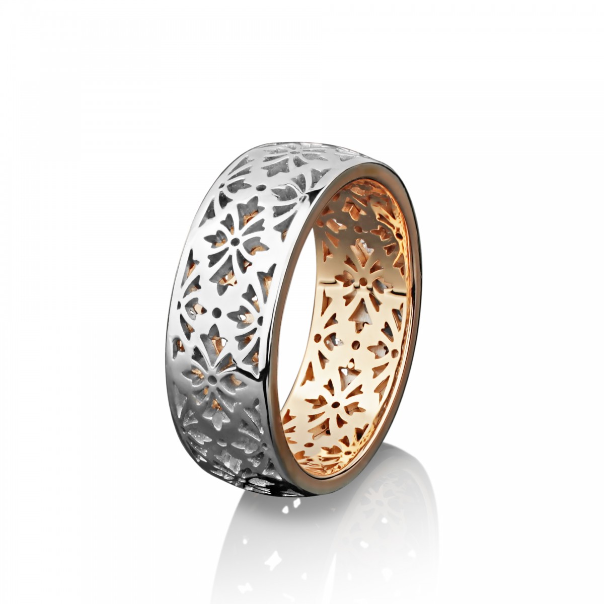 Ажурное обручальное кольцо из комбинированного золота